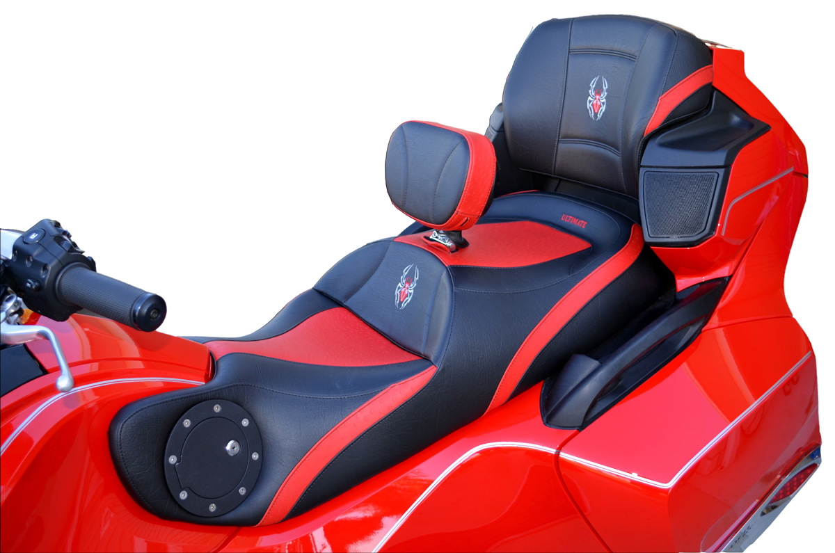Spyder RT Seat, Driver Backrest and Passenger Backrest - Full Bright Red Ostrich Inlays, Logos and Fuel Door (2010 - 2019)